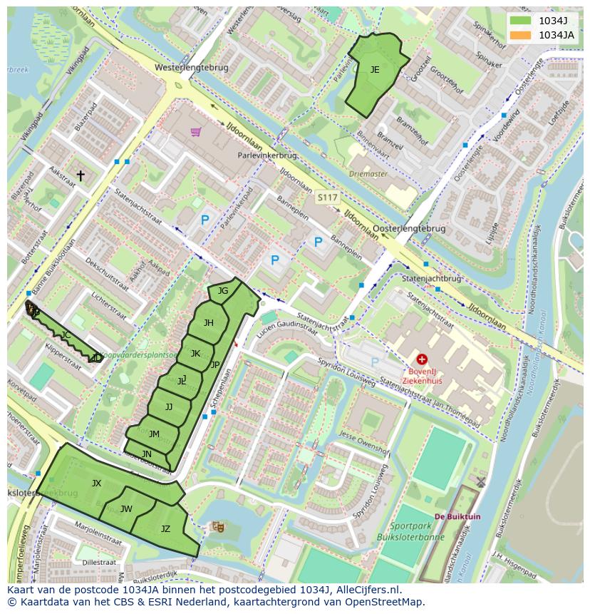 Afbeelding van het postcodegebied 1034 JA op de kaart.
