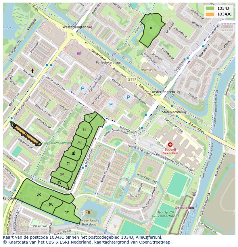Afbeelding van het postcodegebied 1034 JC op de kaart.