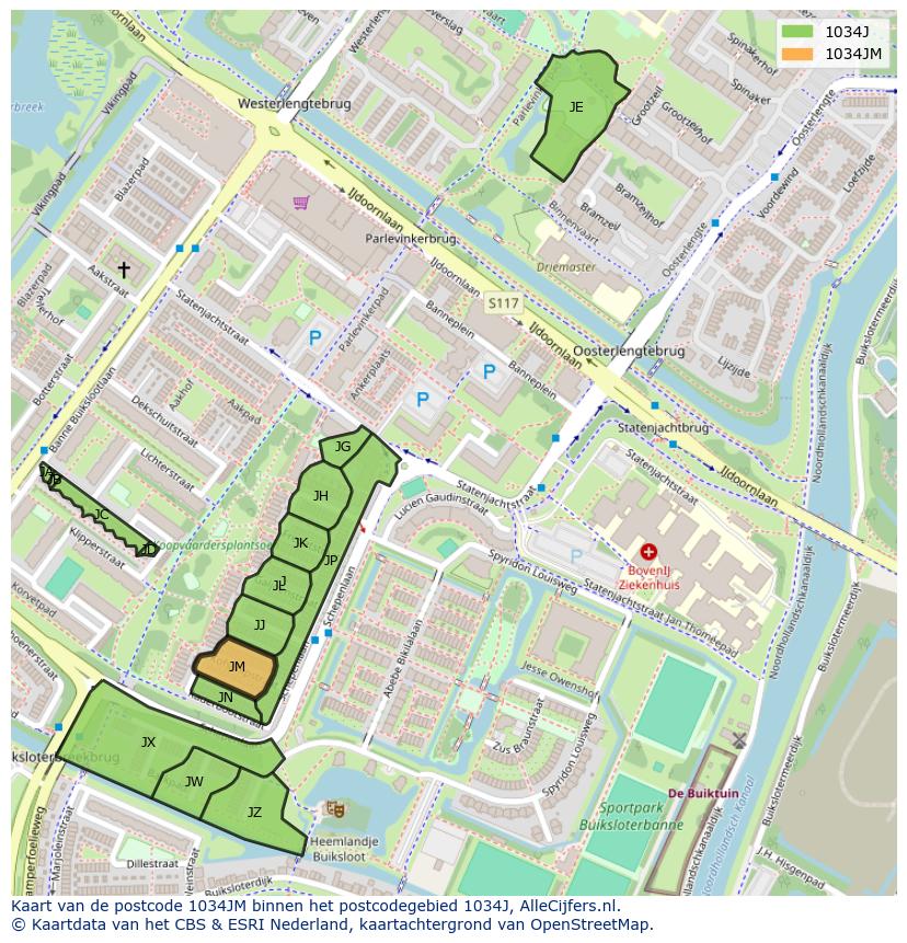 Afbeelding van het postcodegebied 1034 JM op de kaart.
