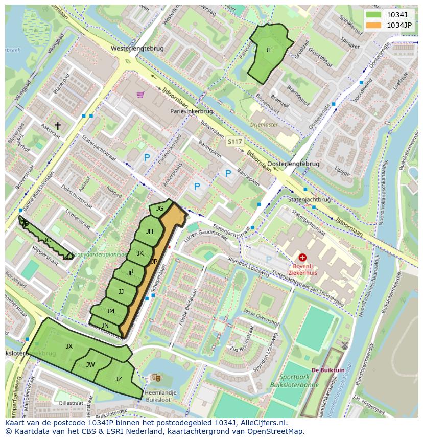 Afbeelding van het postcodegebied 1034 JP op de kaart.