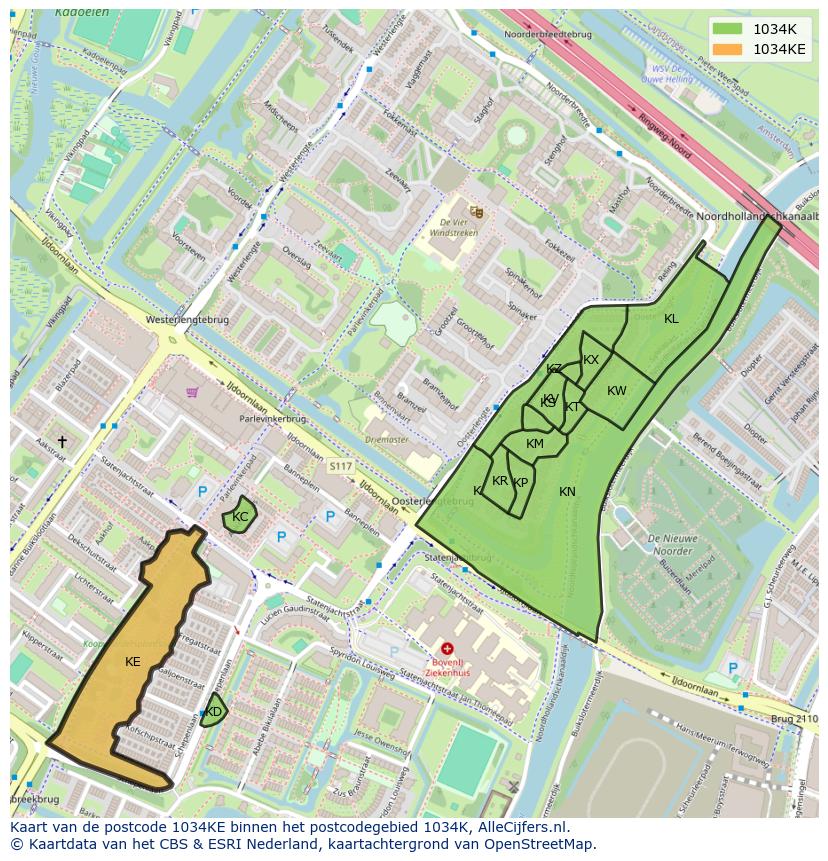 Afbeelding van het postcodegebied 1034 KE op de kaart.