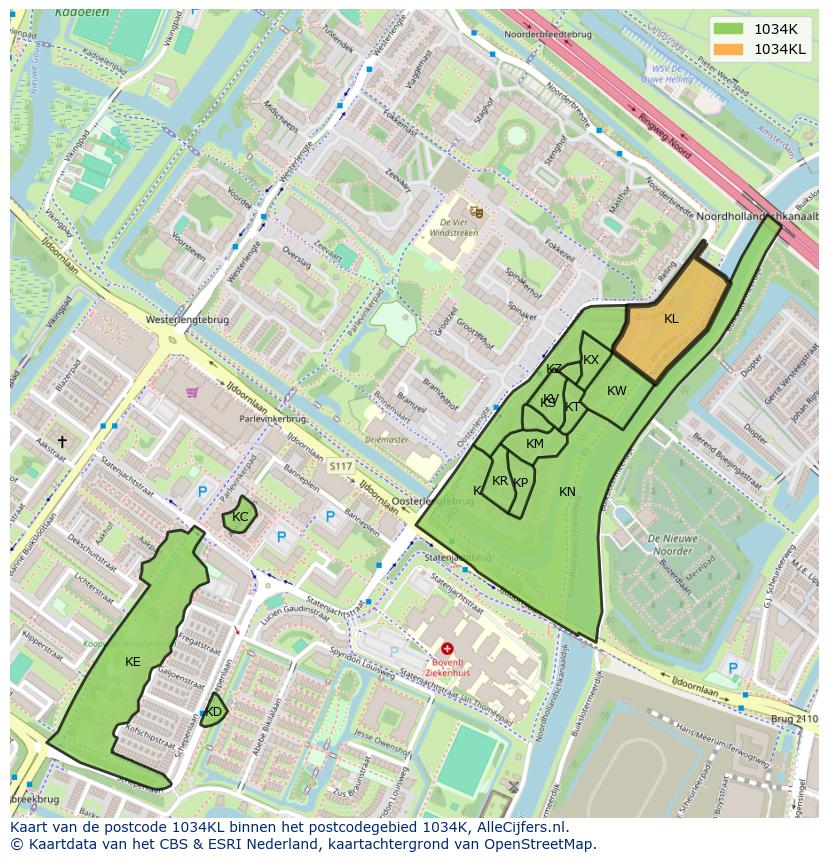 Afbeelding van het postcodegebied 1034 KL op de kaart.