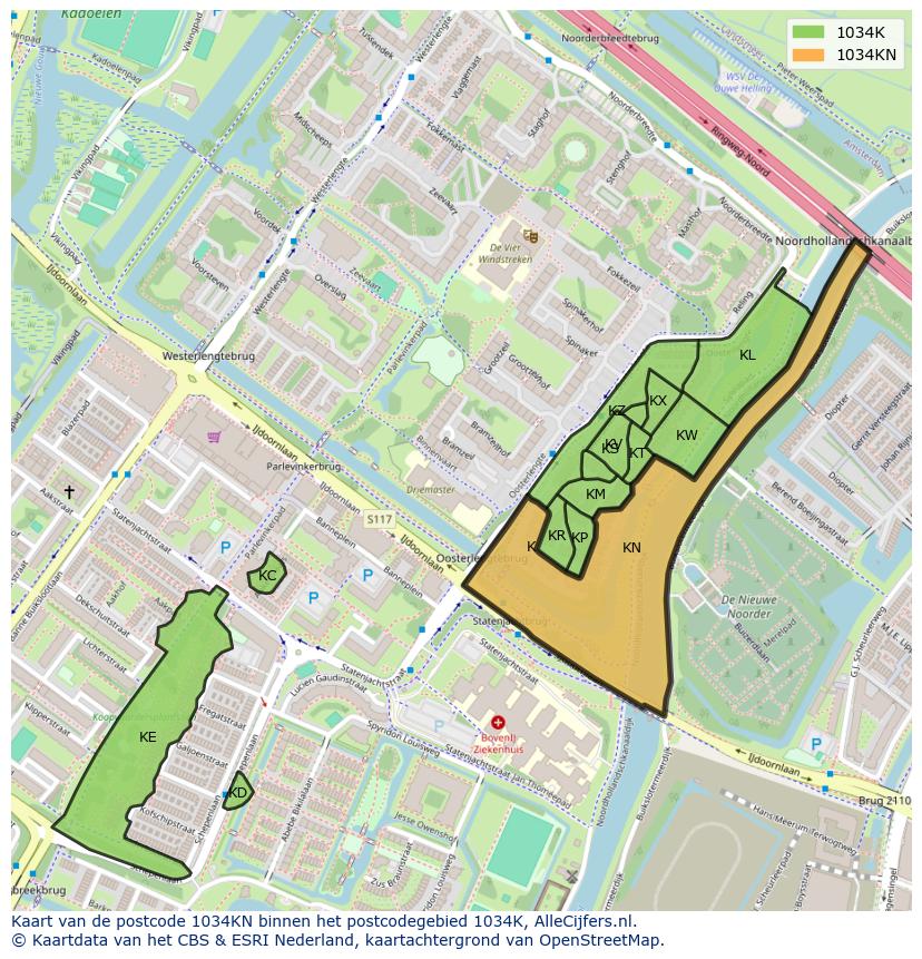 Afbeelding van het postcodegebied 1034 KN op de kaart.