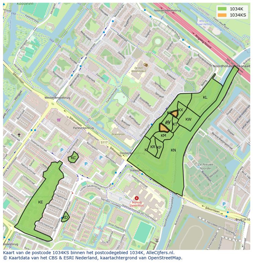 Afbeelding van het postcodegebied 1034 KS op de kaart.