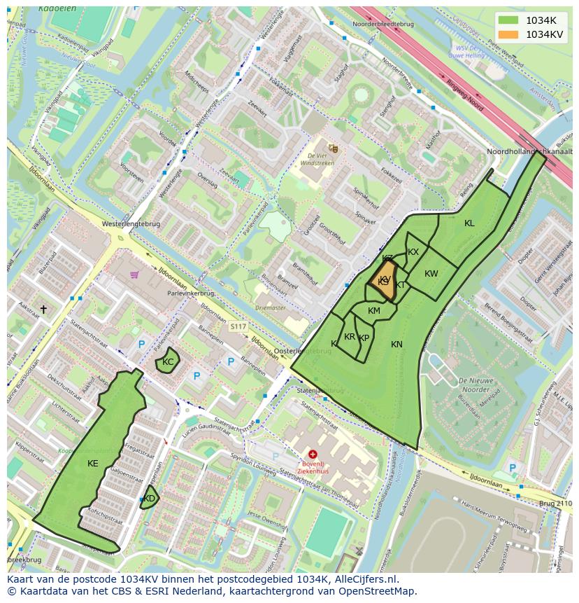 Afbeelding van het postcodegebied 1034 KV op de kaart.