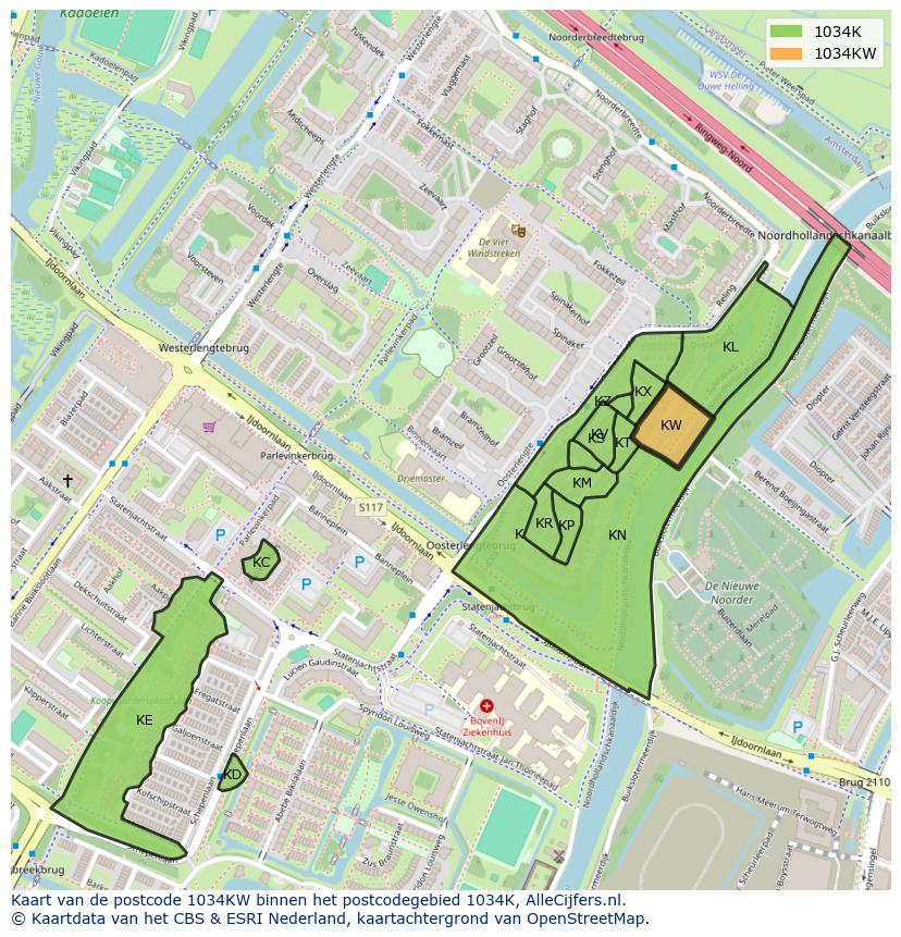 Afbeelding van het postcodegebied 1034 KW op de kaart.