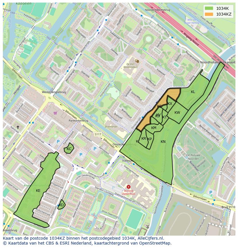 Afbeelding van het postcodegebied 1034 KZ op de kaart.
