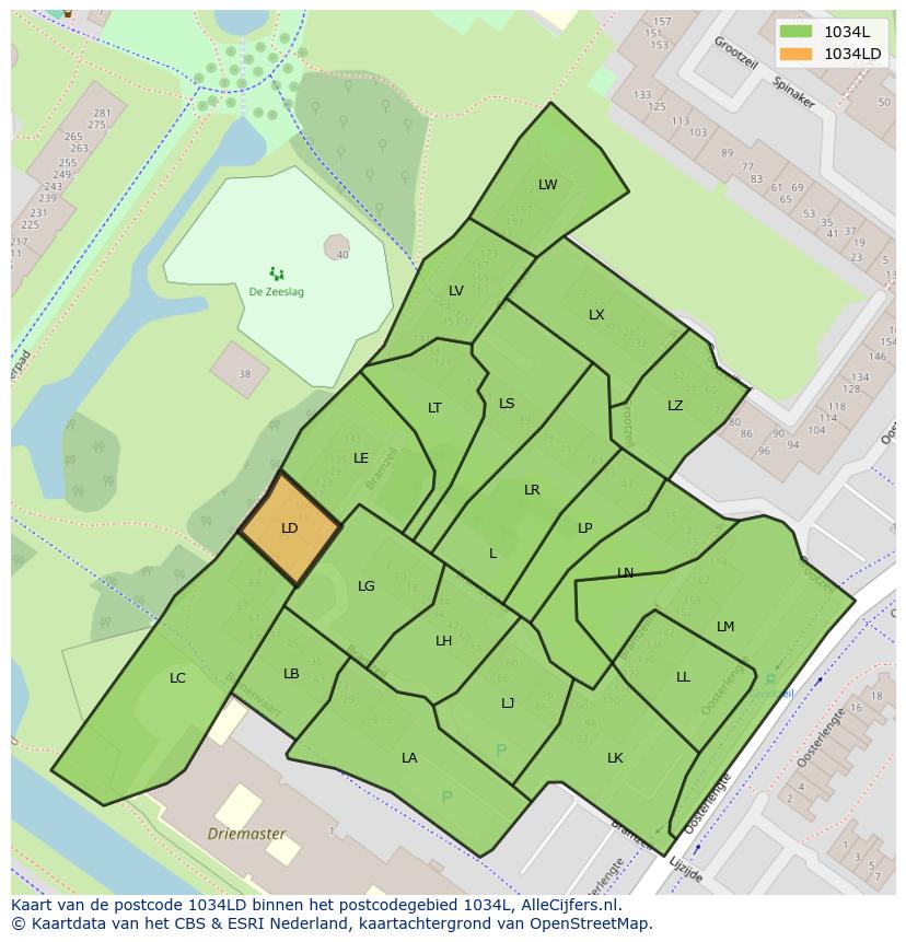 Afbeelding van het postcodegebied 1034 LD op de kaart.