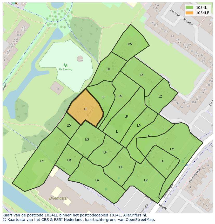Afbeelding van het postcodegebied 1034 LE op de kaart.