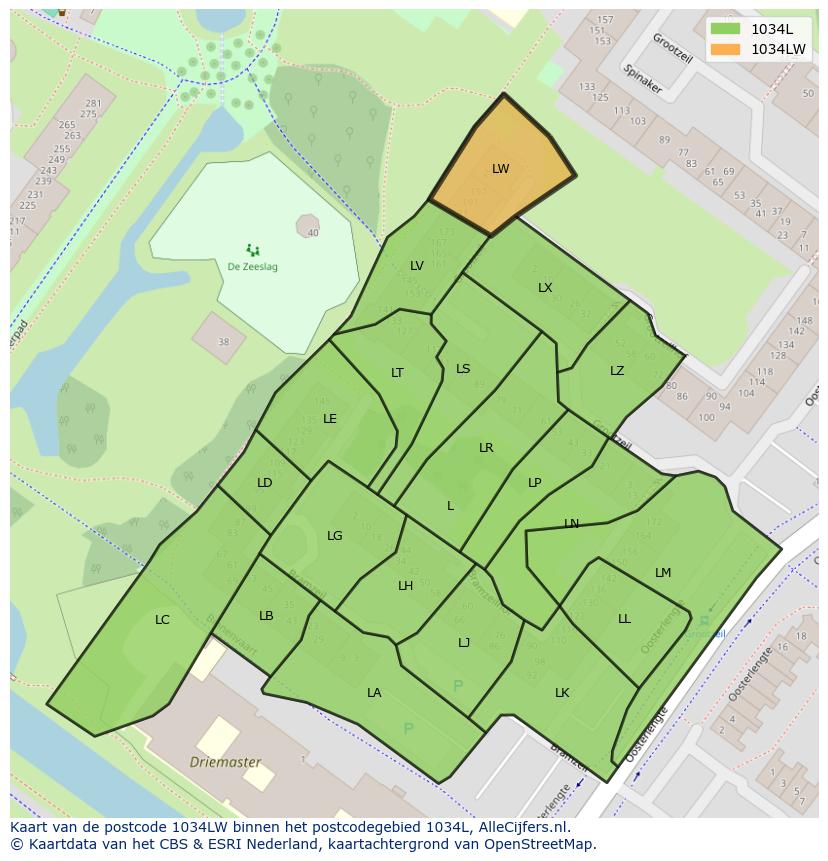 Afbeelding van het postcodegebied 1034 LW op de kaart.