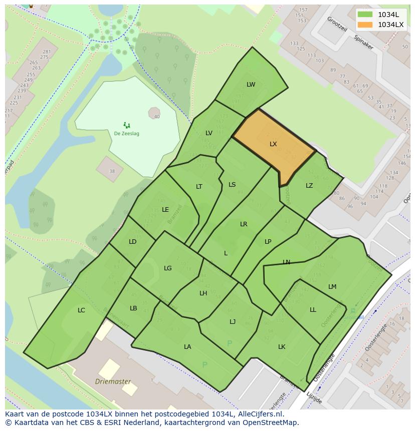 Afbeelding van het postcodegebied 1034 LX op de kaart.