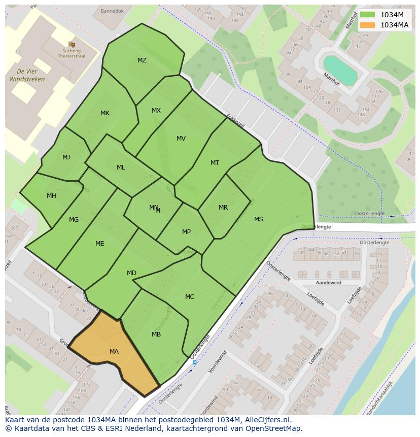 Afbeelding van het postcodegebied 1034 MA op de kaart.