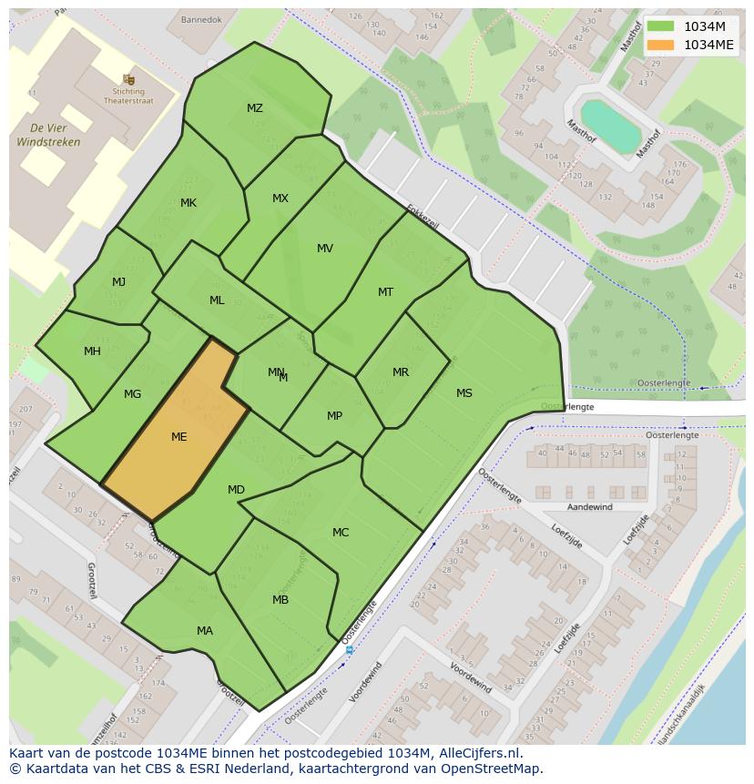 Afbeelding van het postcodegebied 1034 ME op de kaart.