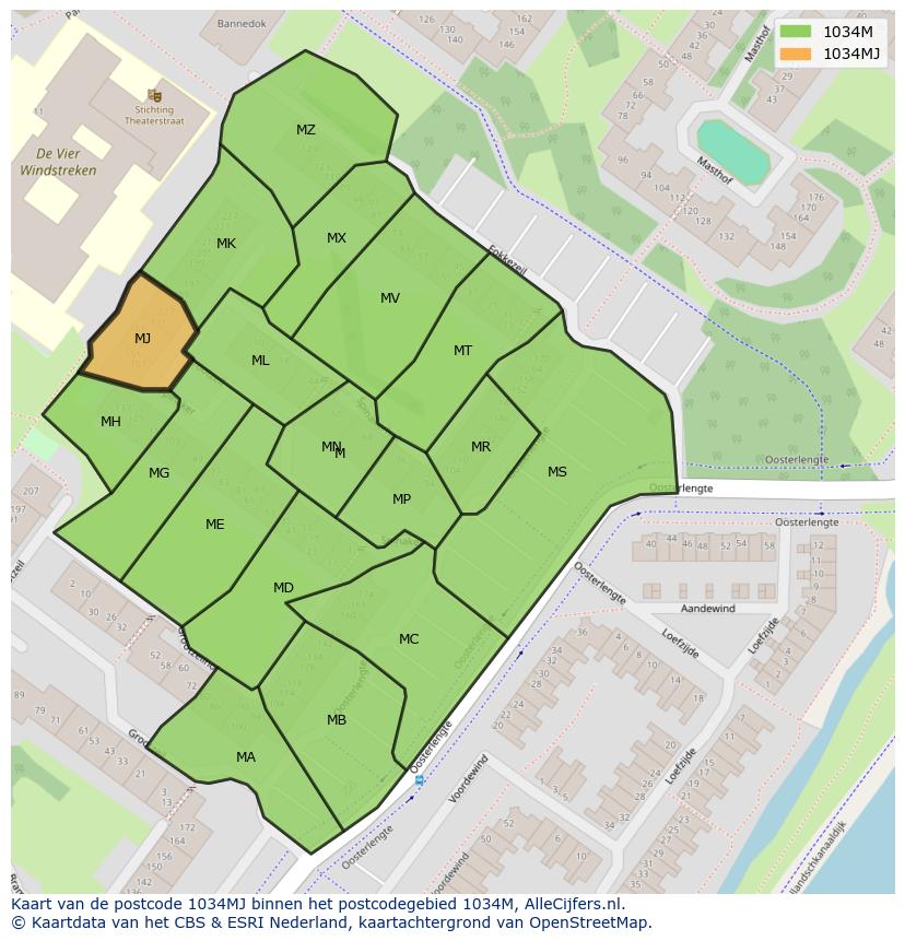 Afbeelding van het postcodegebied 1034 MJ op de kaart.
