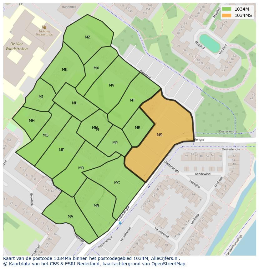 Afbeelding van het postcodegebied 1034 MS op de kaart.