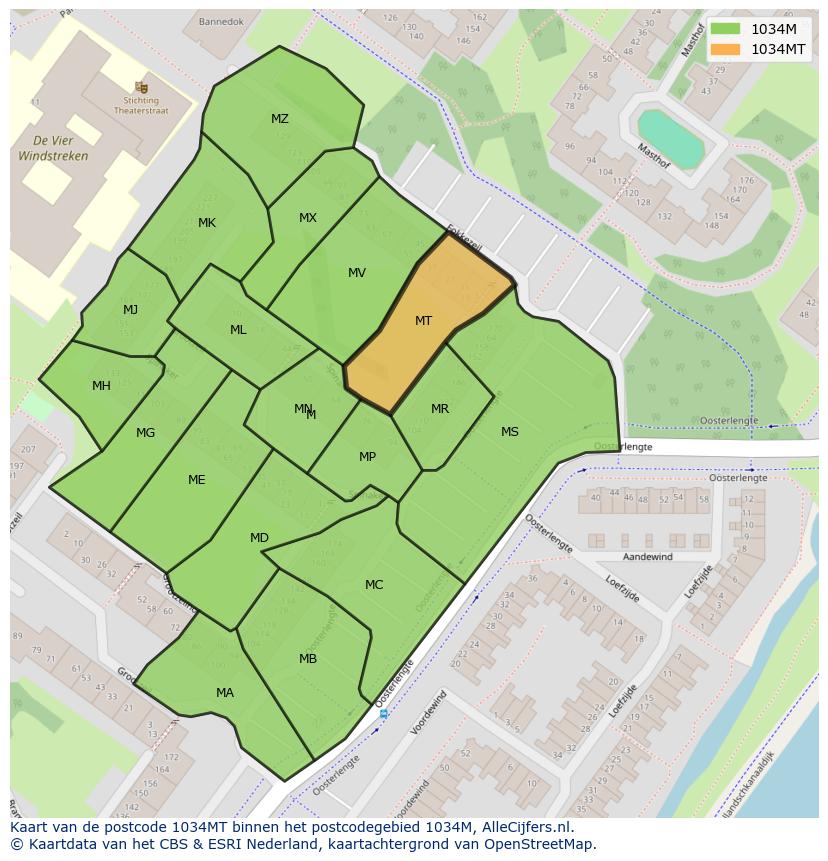 Afbeelding van het postcodegebied 1034 MT op de kaart.