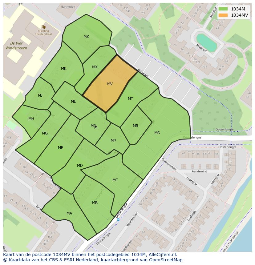 Afbeelding van het postcodegebied 1034 MV op de kaart.