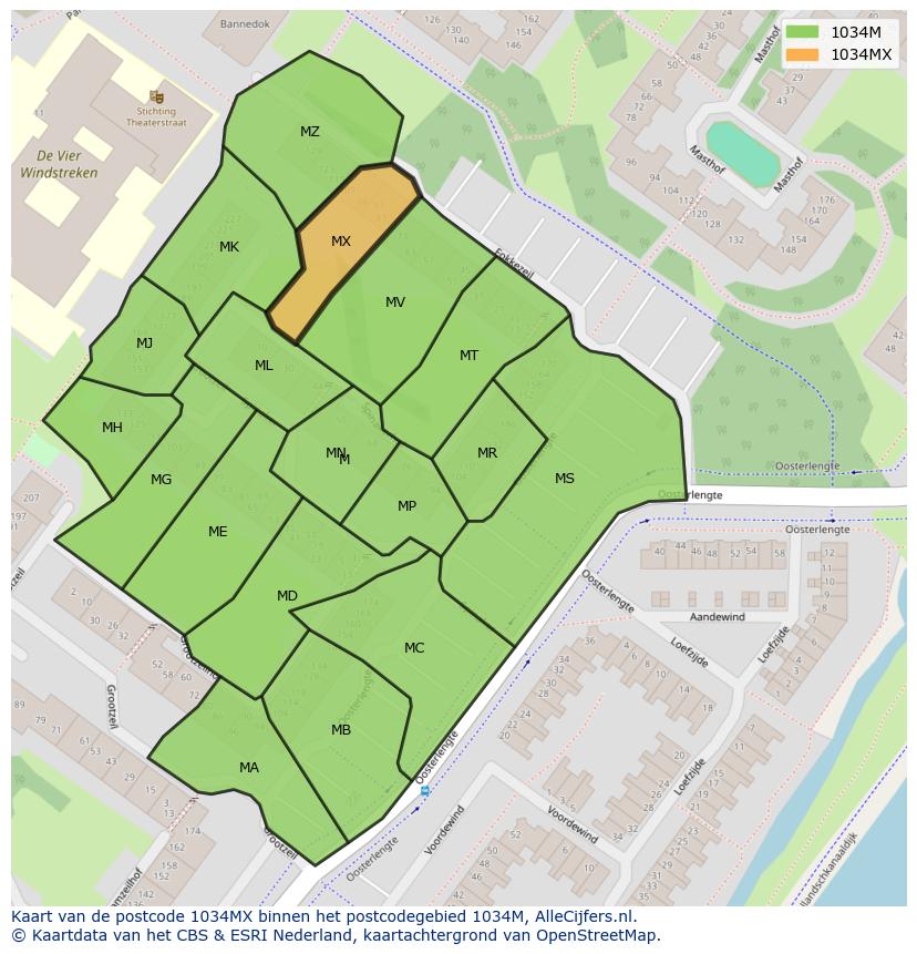 Afbeelding van het postcodegebied 1034 MX op de kaart.