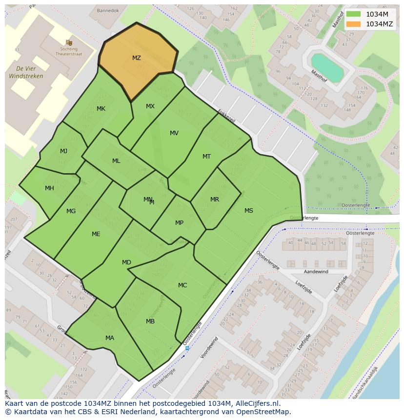 Afbeelding van het postcodegebied 1034 MZ op de kaart.