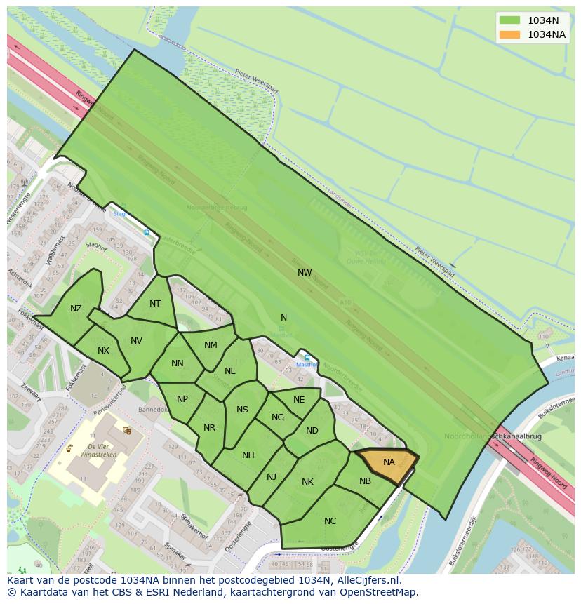 Afbeelding van het postcodegebied 1034 NA op de kaart.