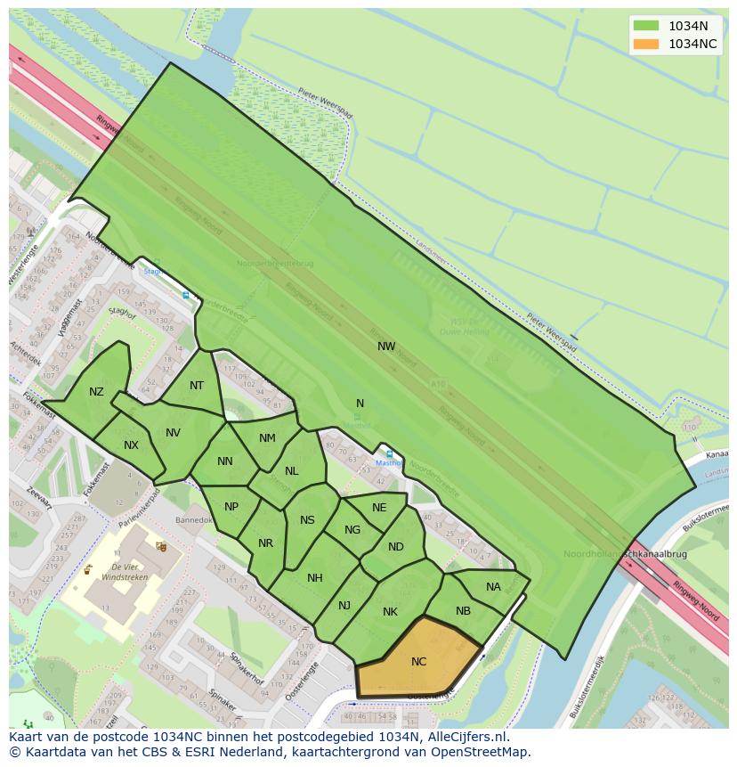 Afbeelding van het postcodegebied 1034 NC op de kaart.