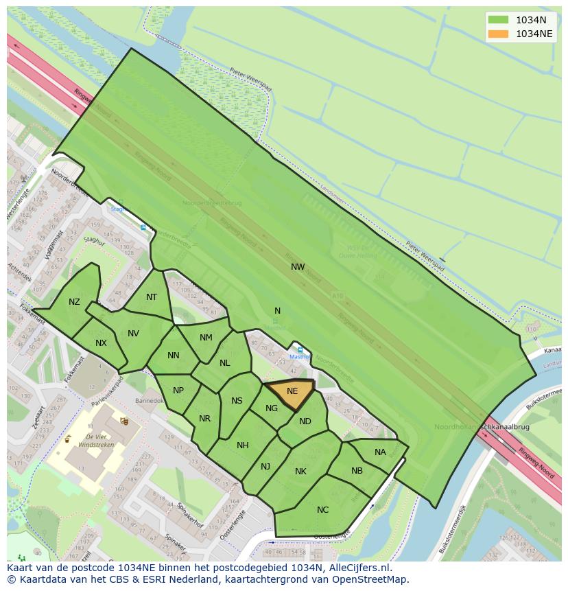Afbeelding van het postcodegebied 1034 NE op de kaart.
