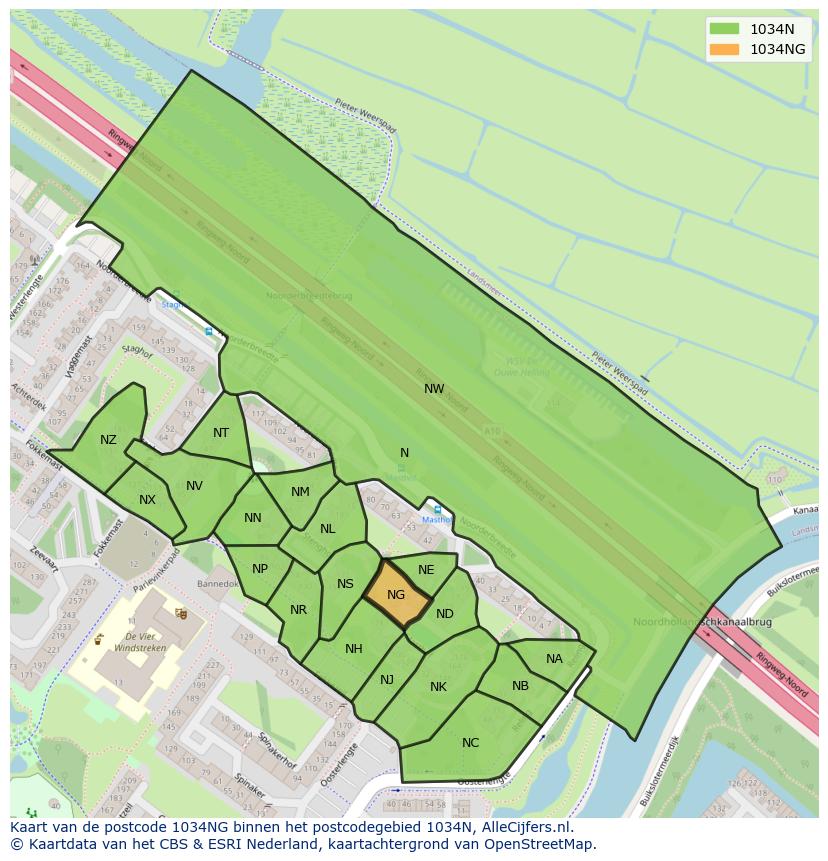 Afbeelding van het postcodegebied 1034 NG op de kaart.