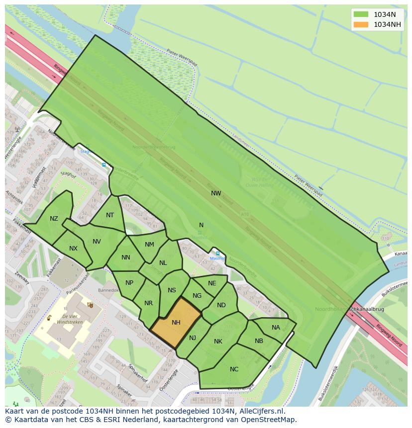 Afbeelding van het postcodegebied 1034 NH op de kaart.