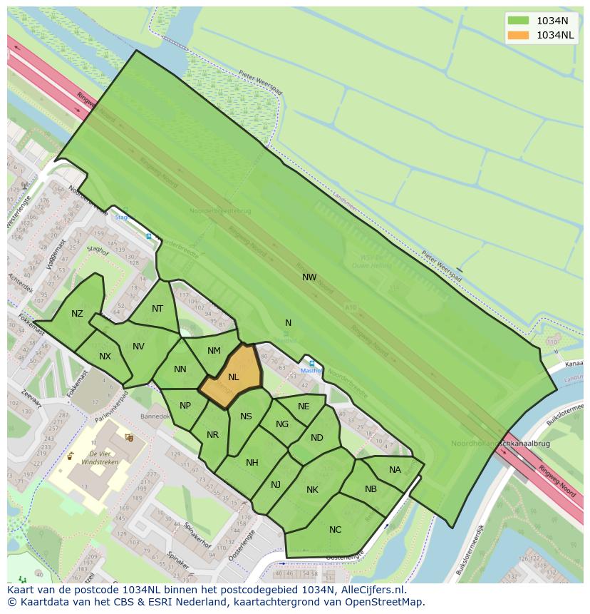 Afbeelding van het postcodegebied 1034 NL op de kaart.