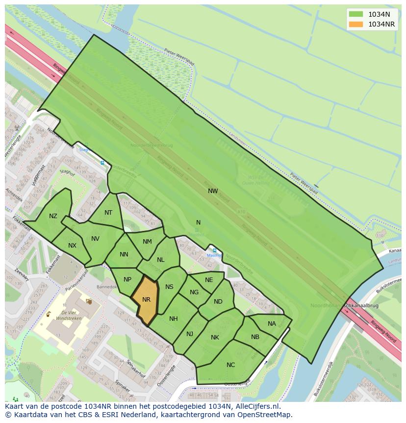Afbeelding van het postcodegebied 1034 NR op de kaart.