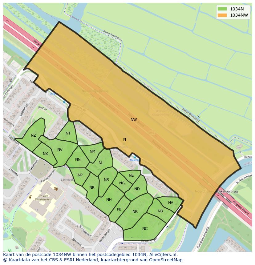 Afbeelding van het postcodegebied 1034 NW op de kaart.