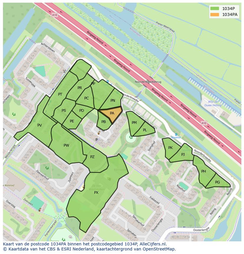 Afbeelding van het postcodegebied 1034 PA op de kaart.