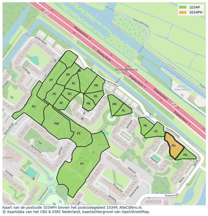 Afbeelding van het postcodegebied 1034 PH op de kaart.