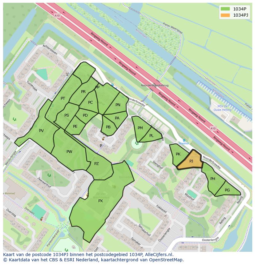 Afbeelding van het postcodegebied 1034 PJ op de kaart.