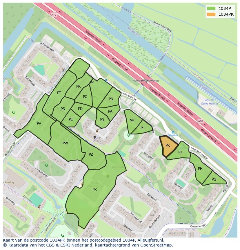 Afbeelding van het postcodegebied 1034 PK op de kaart.