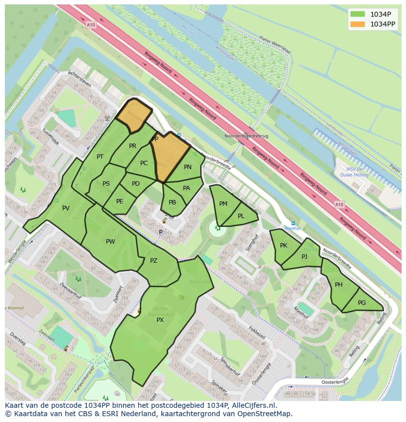 Afbeelding van het postcodegebied 1034 PP op de kaart.