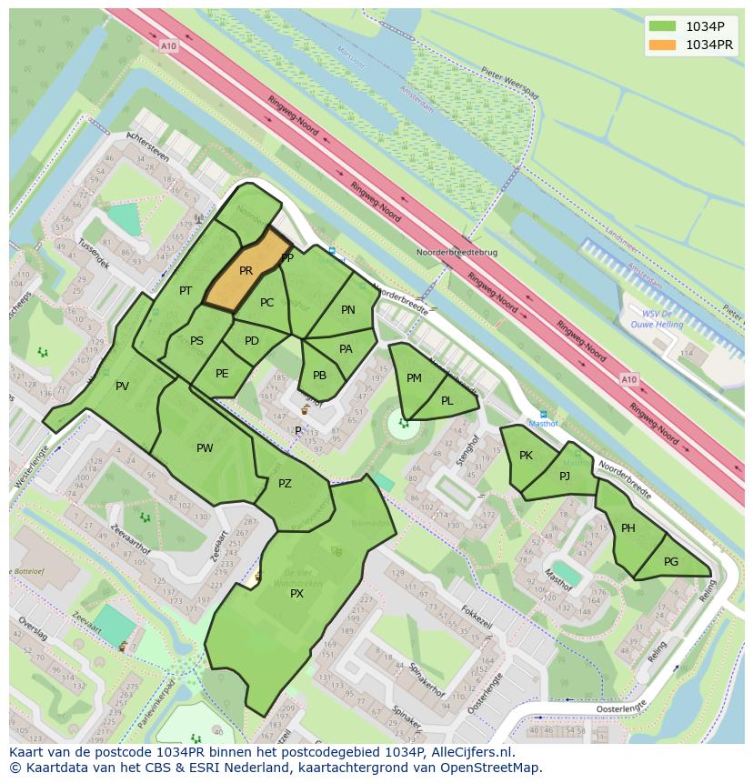 Afbeelding van het postcodegebied 1034 PR op de kaart.