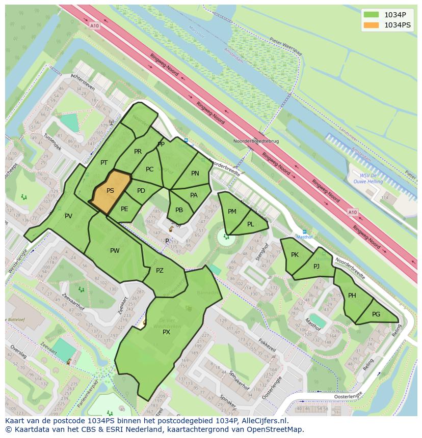 Afbeelding van het postcodegebied 1034 PS op de kaart.