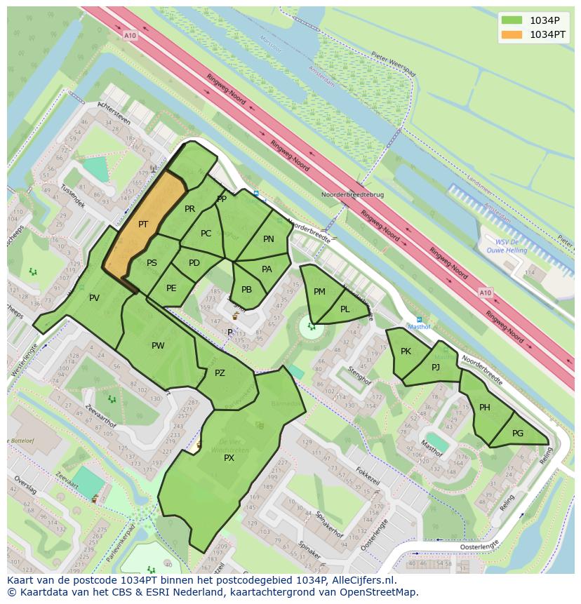 Afbeelding van het postcodegebied 1034 PT op de kaart.