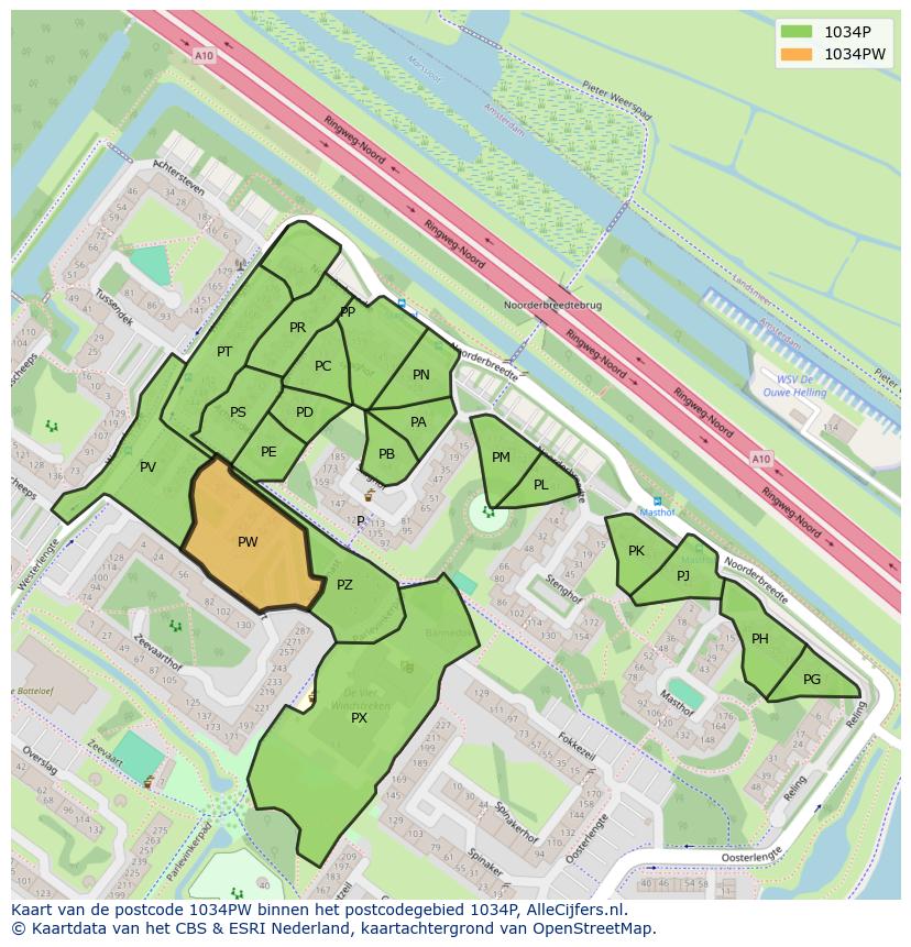 Afbeelding van het postcodegebied 1034 PW op de kaart.