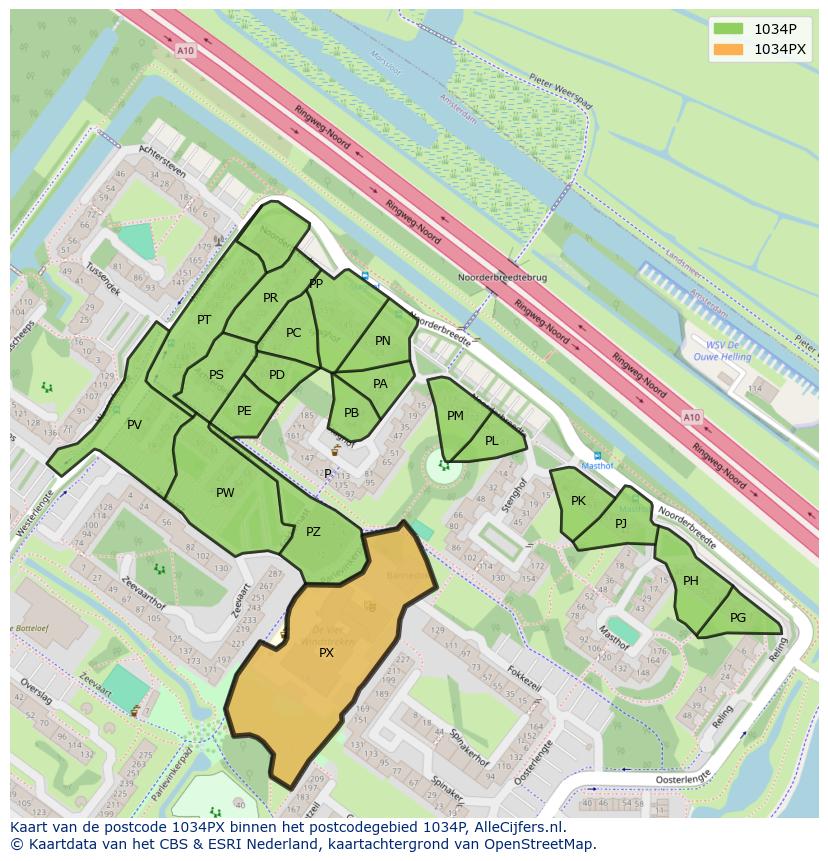 Afbeelding van het postcodegebied 1034 PX op de kaart.