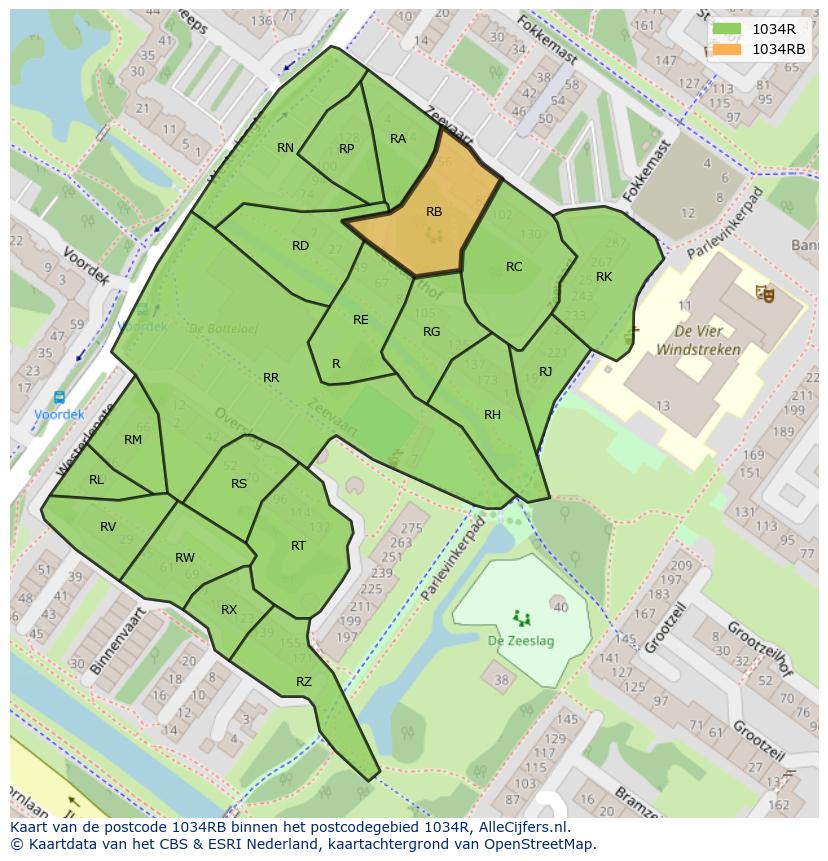 Afbeelding van het postcodegebied 1034 RB op de kaart.