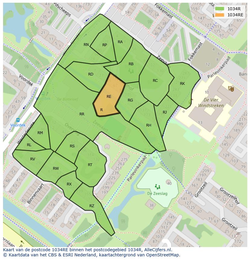 Afbeelding van het postcodegebied 1034 RE op de kaart.