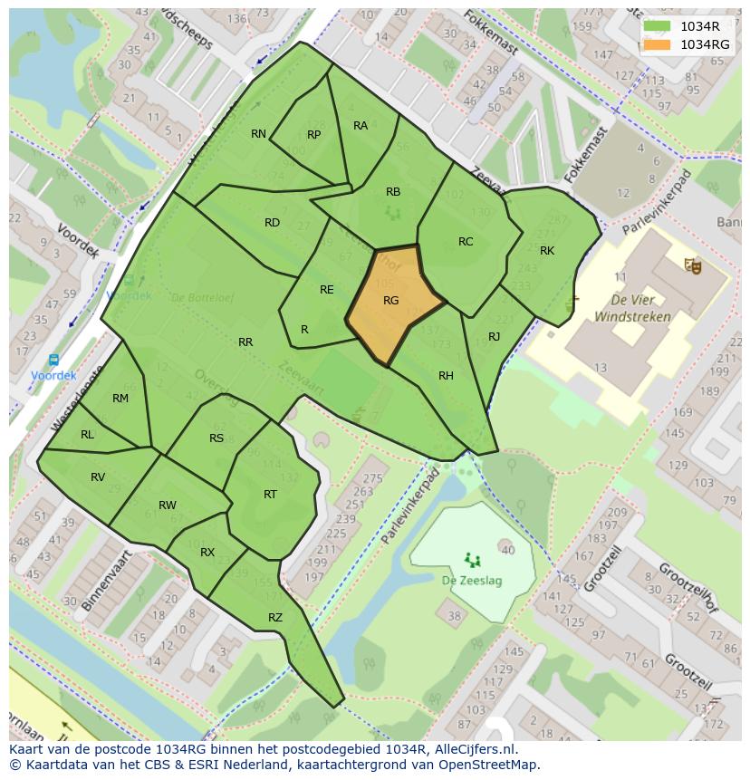 Afbeelding van het postcodegebied 1034 RG op de kaart.