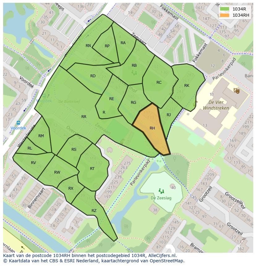 Afbeelding van het postcodegebied 1034 RH op de kaart.