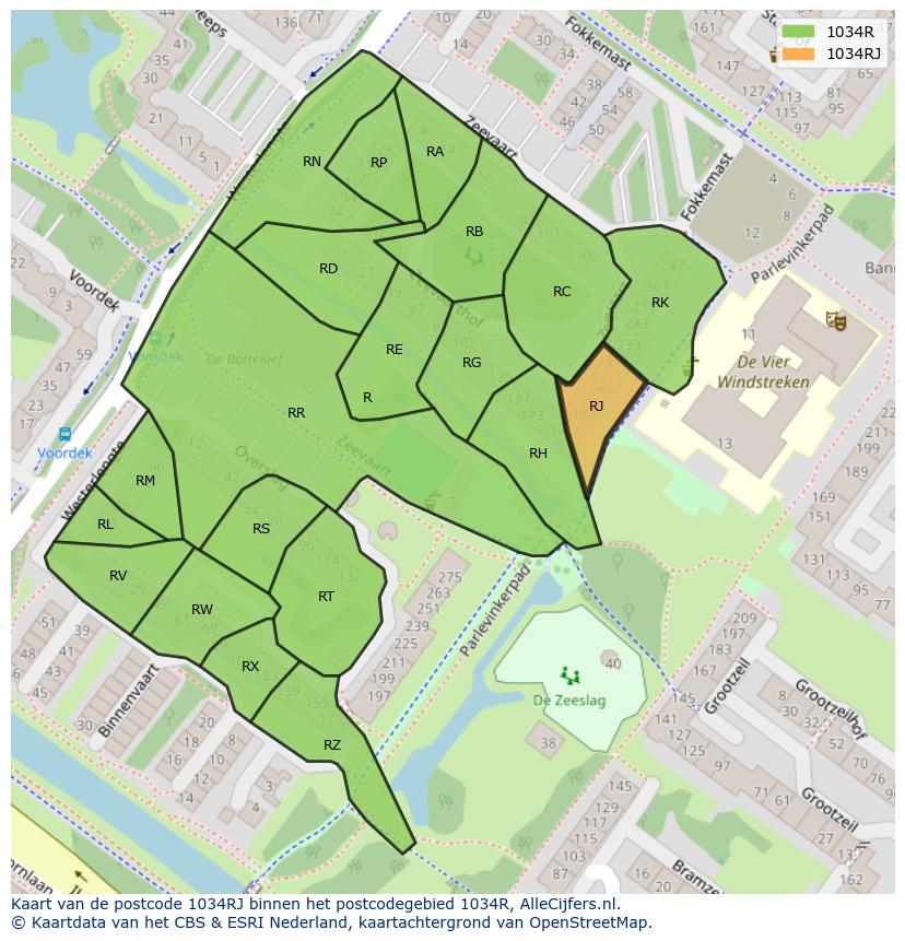 Afbeelding van het postcodegebied 1034 RJ op de kaart.