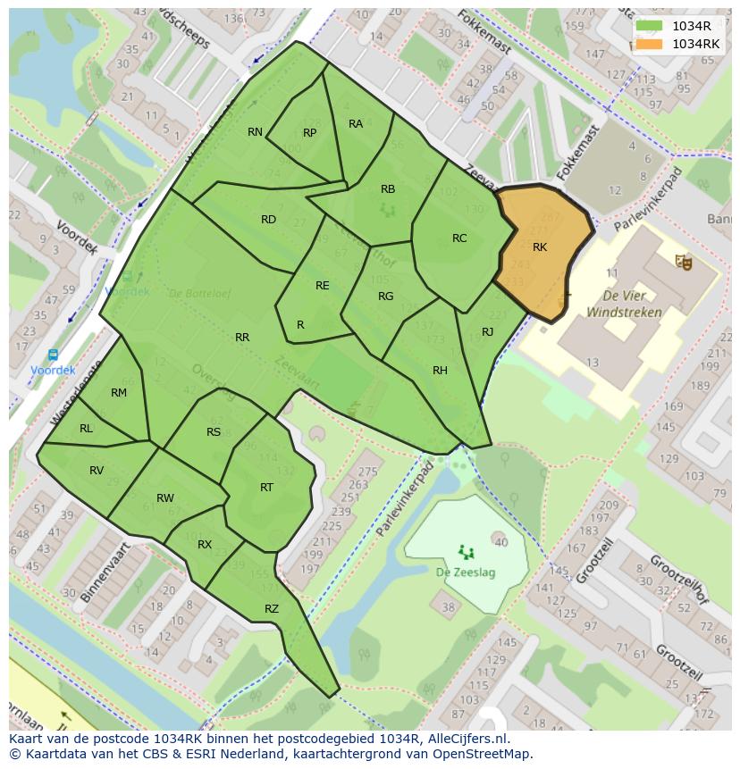 Afbeelding van het postcodegebied 1034 RK op de kaart.