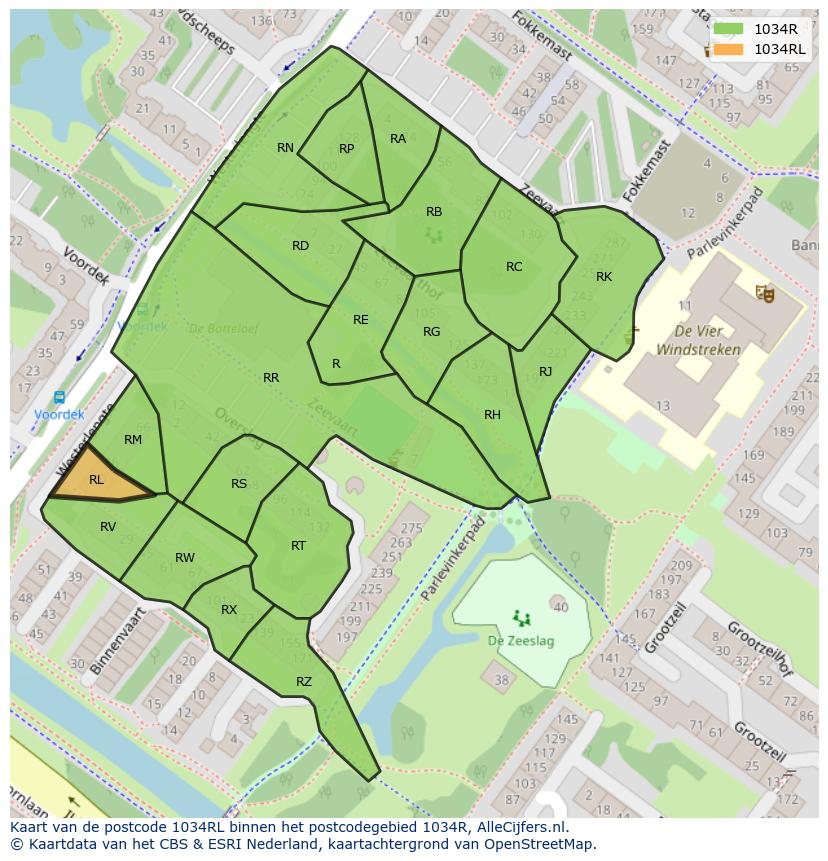 Afbeelding van het postcodegebied 1034 RL op de kaart.