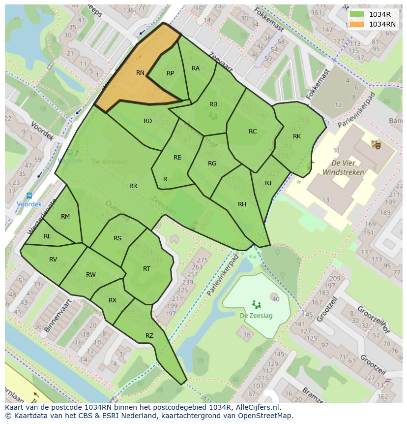 Afbeelding van het postcodegebied 1034 RN op de kaart.
