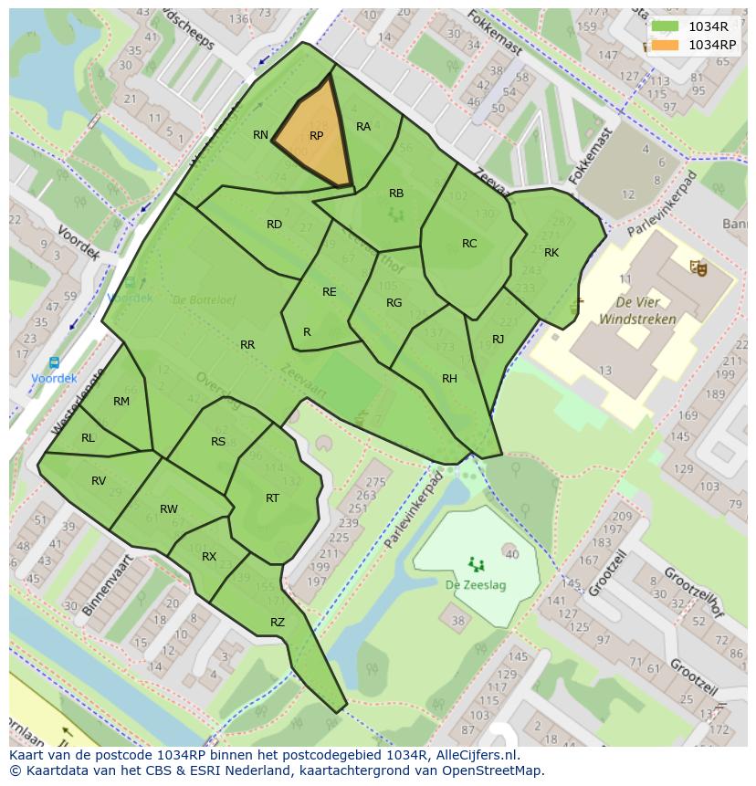 Afbeelding van het postcodegebied 1034 RP op de kaart.